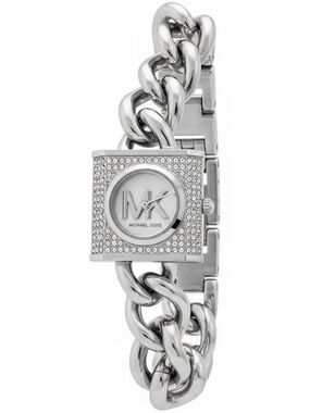 Michael Kors Silver Tone Pave MK Chain Bracelet Watch Chunky $250 NWT